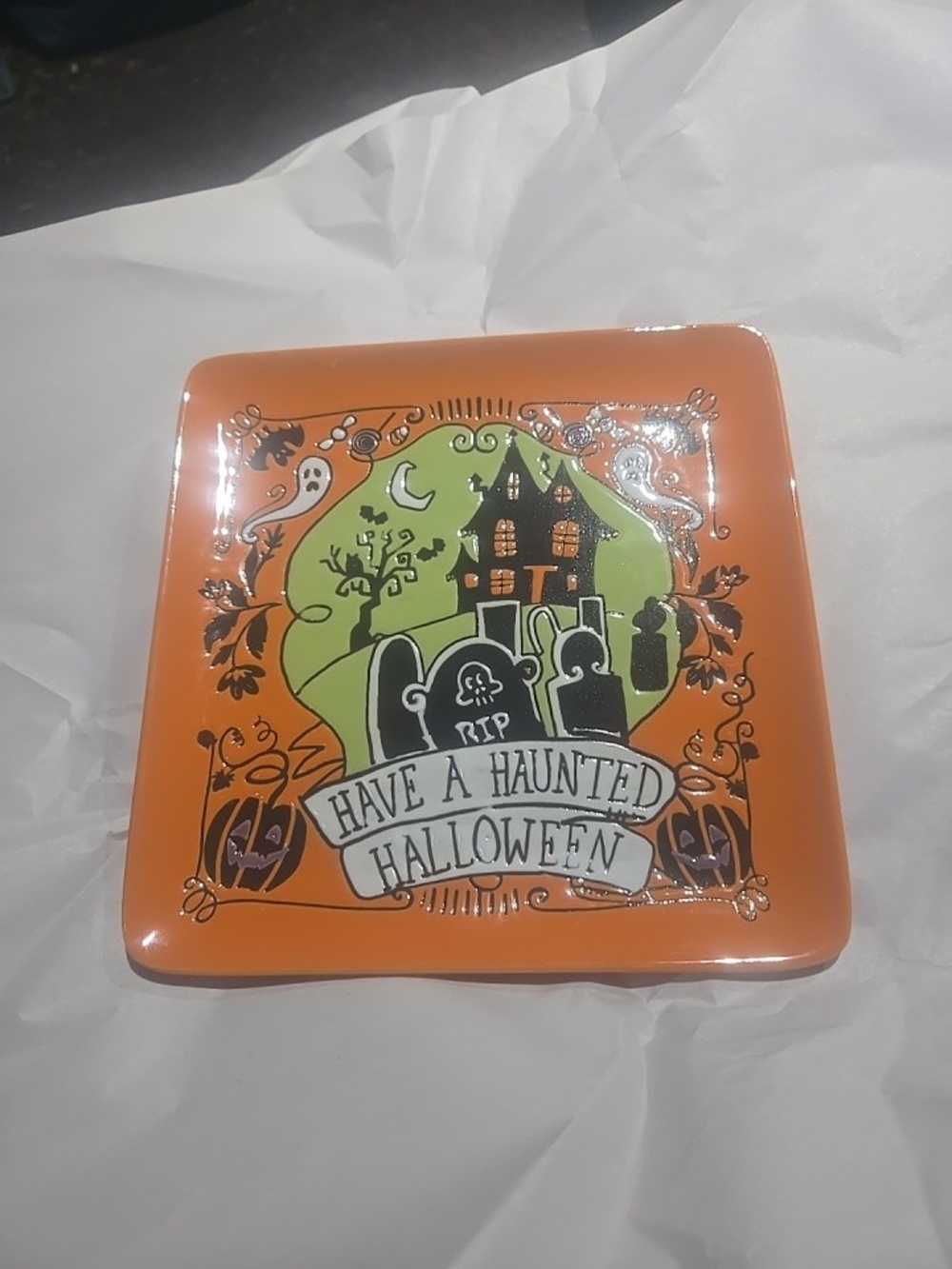 Eli + ANA Square Ceramic Serving Dish Haunted Halloween House Orange